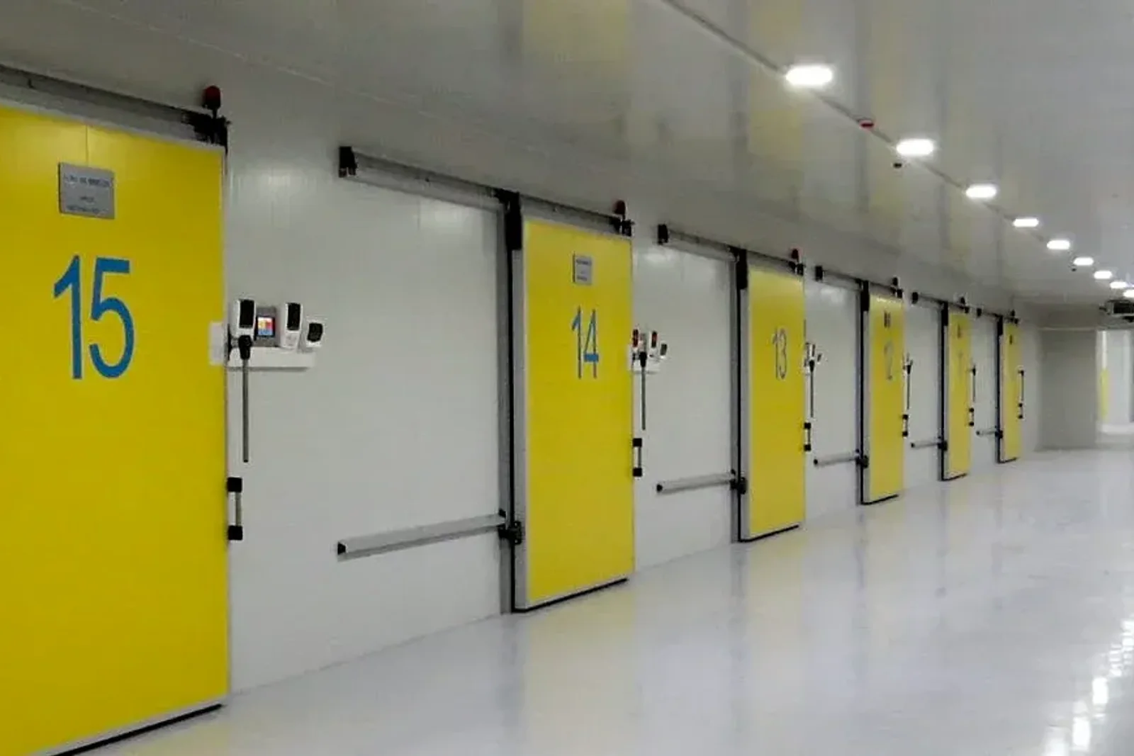 Sarı sürgülü soğuk oda kapıları, numaralı çoklu oda koridoru